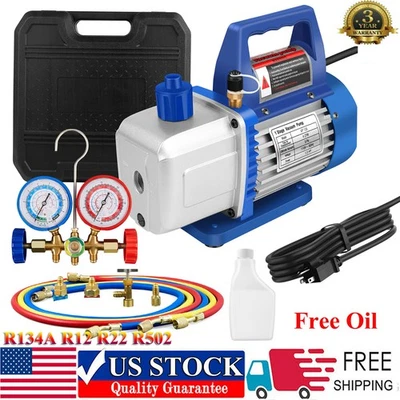 4CFM 1/3HP 1 Stage Vacuum Pump HVAC and Solid R134A Kit AC A/C Manifold Gauge - Image 1 of 4