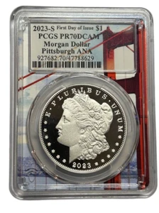 PCGS 2023 S PR70 DCAM Morgan Dollar FDOI Pittsburgh ANA Silber 927682 Top Pop - Bild 1 von 2