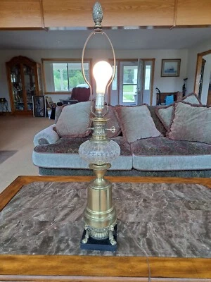 Thumb Print Clear Glass & Brass Tall Ornate Base Vintage Table Lamp 3-Way - Image 1 of 4