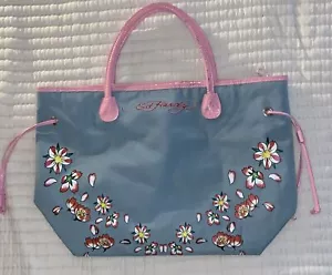 Ed Hardy Sakura Floral Tote Bag Blue and Pink Floral Purse Shoulder Bag - Picture 1 of 9