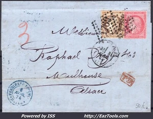 FRANCE N° 38+57 SUR LETTRE POUR MULHOUSE GC 1769 LE HAVRE + CAD DU 08/04/1874 - Picture 1 of 2
