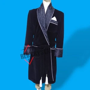 New Men's Dressing Gown Forest Black Black Velvet Fine Quilted with Gold Silk - Picture 1 of 6