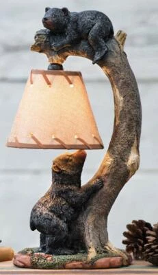 Ebros Whimsical 2 Climbing Black Bears On Bending Tree Branch Table Lamp Decor - Image 1 of 4
