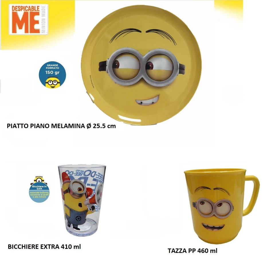 Minions Piatto Melamina Tazza con Manico Maxi Bicchiere Colazione Pranzo Bambini
