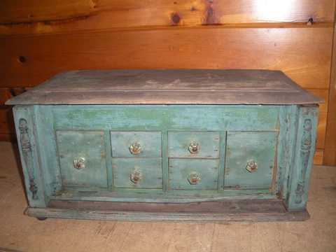 Vintage PRIMITIVE Handmade Cabinet with Drawers and Old Green Paint Cover