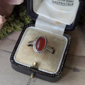 Silver Oval Carnelian Cabochon Ring Size | N 1/2 Rope Details - Picture 1 of 8