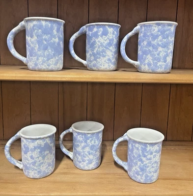 Bennington Pottery Morning Glory Blue Agate Mugs - 1967 DG Spongeware - Set Of 6 - Image 1 of 4