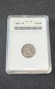1868 sitzende Liberty Dime Anacs Seifenkiste Sehr guter Erhaltungszustand 20 Monster getönt - Bild 1 von 7