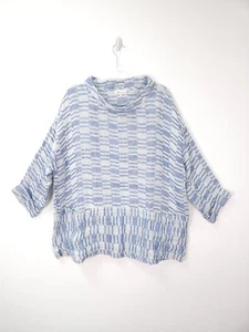 Sahara Shirt Top Medium Large Linen Blue White Cowl Neck Oversize Boxy Lagenlook - Picture 1 of 11