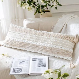 Cream Decorative Lumbar Throw Pillow Cover 14x36 Boho Long Cushion for Bed Ne... - Picture 1 of 7