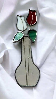 Vitral Tiffany Vintage Rojo Blanco Doble Rosas Plomo Atrapasol Ventana Foto 1 de 4