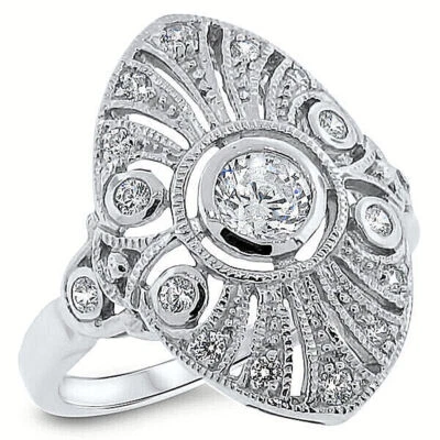 CLASSIC ART DECO STYLE 925 STERLING SILVER CUBIC ZIRCONIA FILIGREE RING     621X - Image 1 of 4