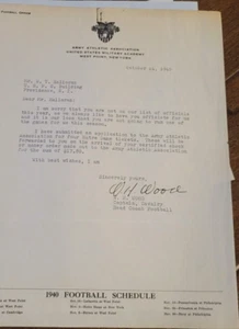 WILLIAM H WOOD SIGNED LETTER HEAD FOOTBALL COACH ARMY 1938-1940 NOTRE DAME - Picture 1 of 1