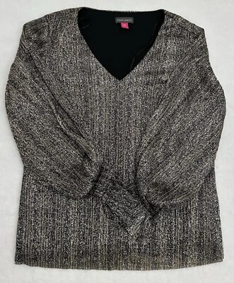 Vince Camuto Metallic V-Neck Blouse Women's Black/Gold  Long Sleeve XS - Image 1 of 4