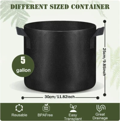 Paquete de 5 bolsas de cultivo 1/3/5/7/10 galones aireación engrosada macetas de tela no tejida negras Foto 1 de 4