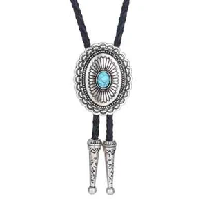 Vintage Bolo Tie Western Cowboy Turquoise Totem Men Necklace PU Rope Alloy Party - Picture 1 of 4