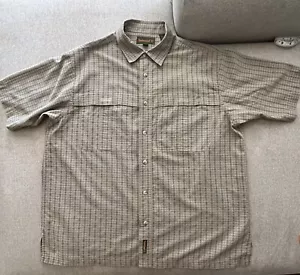 Timberland Shirt Beige Gray Plaid Pocket Short Sleeve Button Down Cotton Poly L - Picture 1 of 5