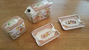 Vintage asiatischer Sahnekrug/Zuckerdose 2 Stäbchen Teller Keramik landschaftlich & floral - Bild 1 von 6