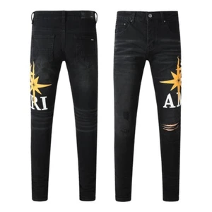 Neu Pop Herren Hose Sterne Text Stickerei Skinny Fit Ripped schwarz Jeans AMIR8937 - Bild 1 von 16
