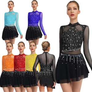 Womens Rhinestone Figure Ice Skating Leotard Dresses Modern Ballroom Dancewear - Picture 1 of 83