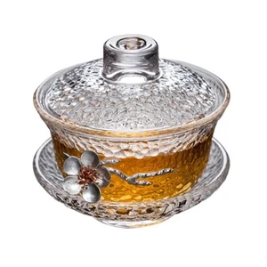 AoAo Crystal Glass Gaiwan with Silver Decal , Chinese Glass Gaiwan Sancai Tea B - Picture 1 of 6