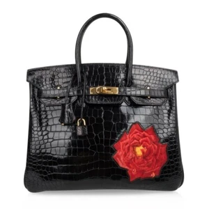 Hermes Birkin HSS 35 Porosus Exotic Black Red Dewdrop Rose One of a Kind - Picture 1 of 11