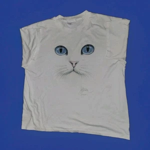 Vintage White Cat Face Shirt Herren XL Bob Harrison Blue Eyes Artist Graphic 90s - Bild 1 von 8