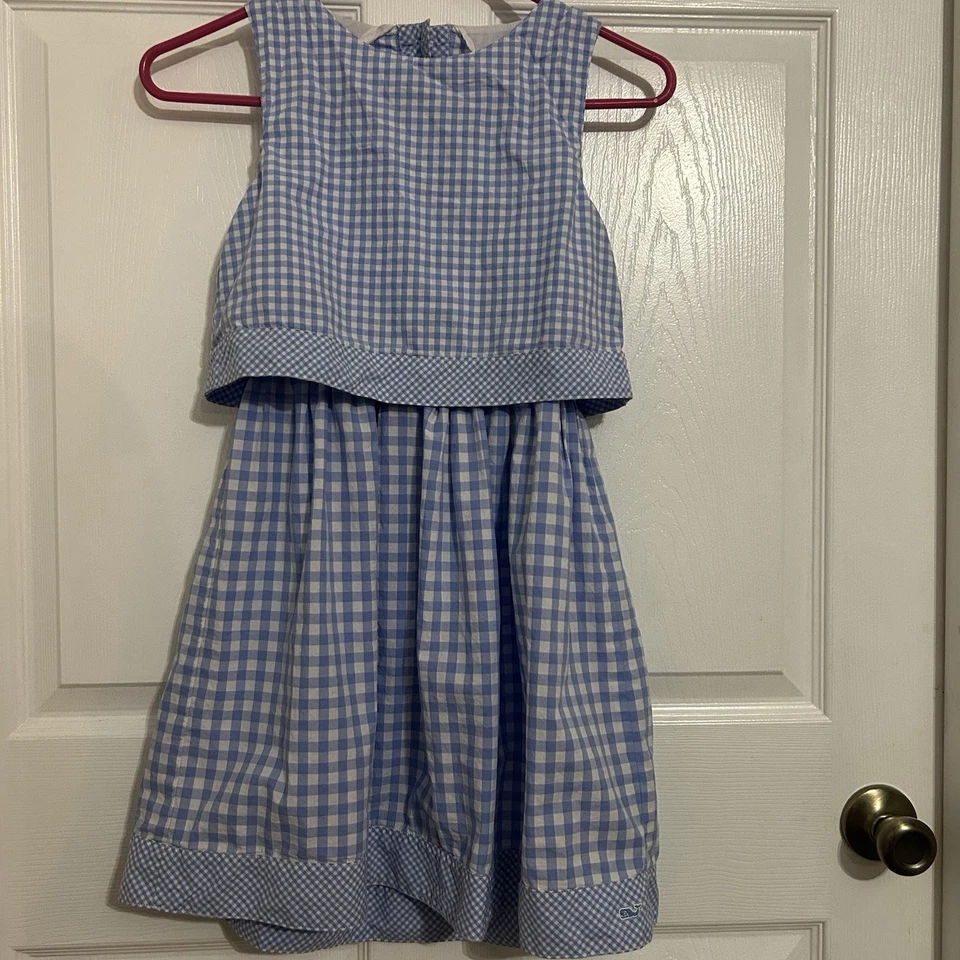 Vineyard Vine Gingham Blue/White Mix Dress Girls Medium 10/12 GUC - Image 1 of 4
