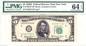 1950-E $5 Federal Reserve Note New York **STAR** PMG 64EPQ #B25877152* - Picture 1 of 2