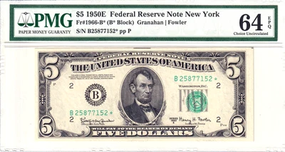 1950-E $5 Federal Reserve Note New York **STAR** PMG 64EPQ #B25877152* - Image 1 of 2