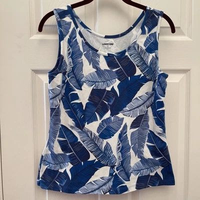 Lands End Tank Top Size S/P Sleeveless Scoop Neck Tropical Leaf Print Blue - Image 1 of 4