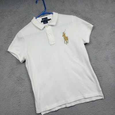 Ralph Lauren Skinny Polo Shirt Kids L White Gold Big Pony Slim Fit Classic - Image 1 of 4