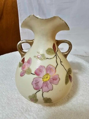 Antique Vtg RW Royal Rudolstadt Bud Vase Pink Blue Floral w/ han - Image 1 of 4