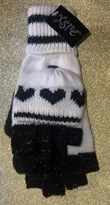 Lurexheart Convertible Knit Gloves Women’s Mittens Black/White Hearts OS New - Picture 1 of 5