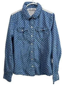 Aeropostale Top Girls Size 10 Kids Button Down Shirt Long Sleeve Jean Lace Blue - Picture 1 of 17