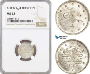AG635, Ottoman Empire, Turkey, Mehmed Reshad V, 2 Kurush AH1327/4, NGC MS62 - Picture 1 of 1