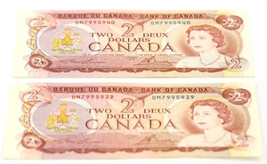 Bank of Canada 1974 $2 - 2 consecutive notes lawson/bouey U/M prefix UNC - Picture 1 of 2