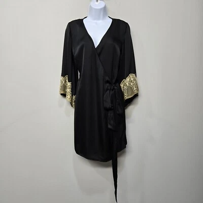 Ark & Co Kimono Robe Small Black Satin Lace Lingerie Old Hollywood Whimsigoth - Image 1 of 4