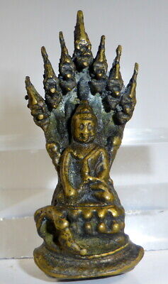 ANTIQUE SMALL BRONZE MUCALINDA MUCILINDA BUDDHA IN MEDITATION NAGA STATUE 1900's • 102.91£