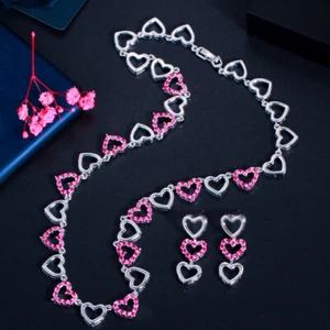 Women Cute Gold Plated Rose Red CZ Heart Necklace and Earring Zircon Jewelry Set - Picture 1 of 19