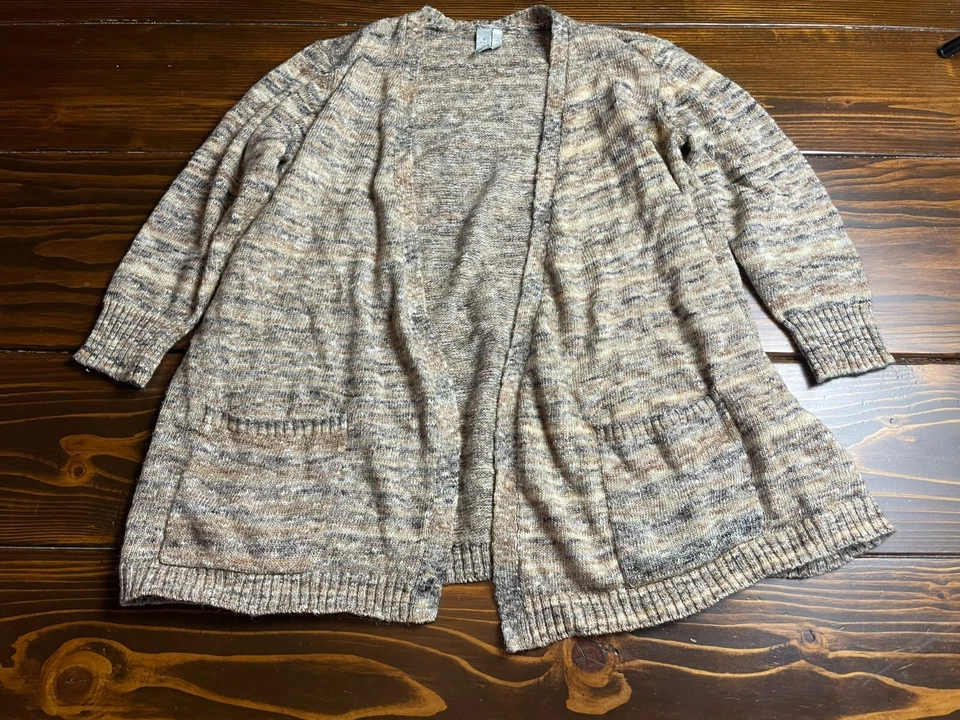 Sahalie 女式大码毛衣,棕褐色灰色,开放式开衫,3/4 袖 — 第 1/4 张图片