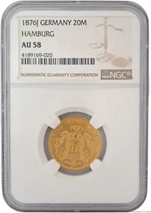 NGC AU58 1876-J Germany Hamburg 20 Mark Gold Coin - Picture 1 of 3
