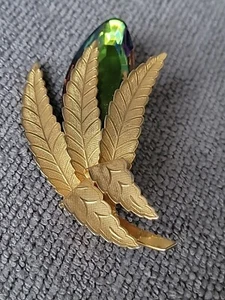 Vintage Gold tone Wheat Sheaf Leaf Large Rainbow Glass Rhinestone Brooch - Picture 1 of 15