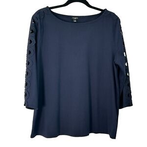 Talbots Woman Blue Round Neck 3/4 Sleeve Top w/Crochet Lace Sleeve Insets 1X
