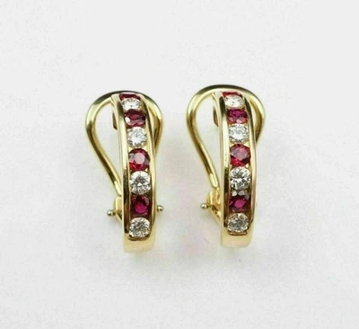 Lab-Created Red Ruby 14K Yellow Gold Plated 2Ct Round Cut Hoop Huggie Earrings - Image 1 of 4