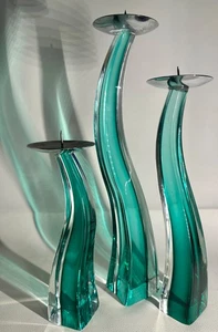 3 Murano Italy Blue To Clear Glass Candlesticks Signed By Giuliano Tosi Oggetti - Picture 1 of 19