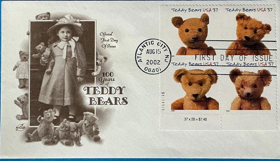  Bloque de 4 placas de osos de peluche Artcraft 3656A Atlantic City NJ Foto 1 de 1