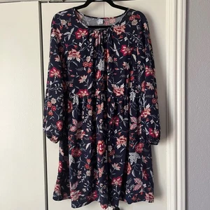 Old Navy Floral Print Long Sleeve Navy Blue Babydoll Dress - Size L - Picture 1 of 4