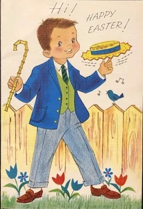 Vtg Easter Greeting Card Adorable Little Boy Hat & Cane Inside PopUp Bunny Birds - Bild 1 von 5