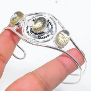 Rutilated Quartz Gemstone 925 Sterling Silver Jewelry Adjustable Cuff Bracelet - Picture 1 of 1